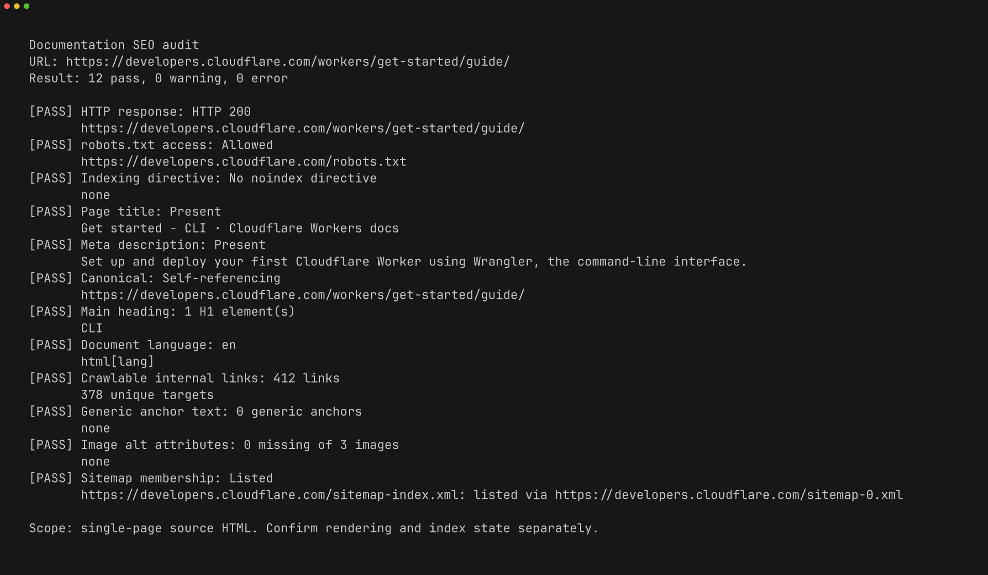 Terminal receipt showing 12 passing documentation SEO checks for the Cloudflare Workers CLI guide, including canonical, title, links, image alt attributes, and sitemap membership