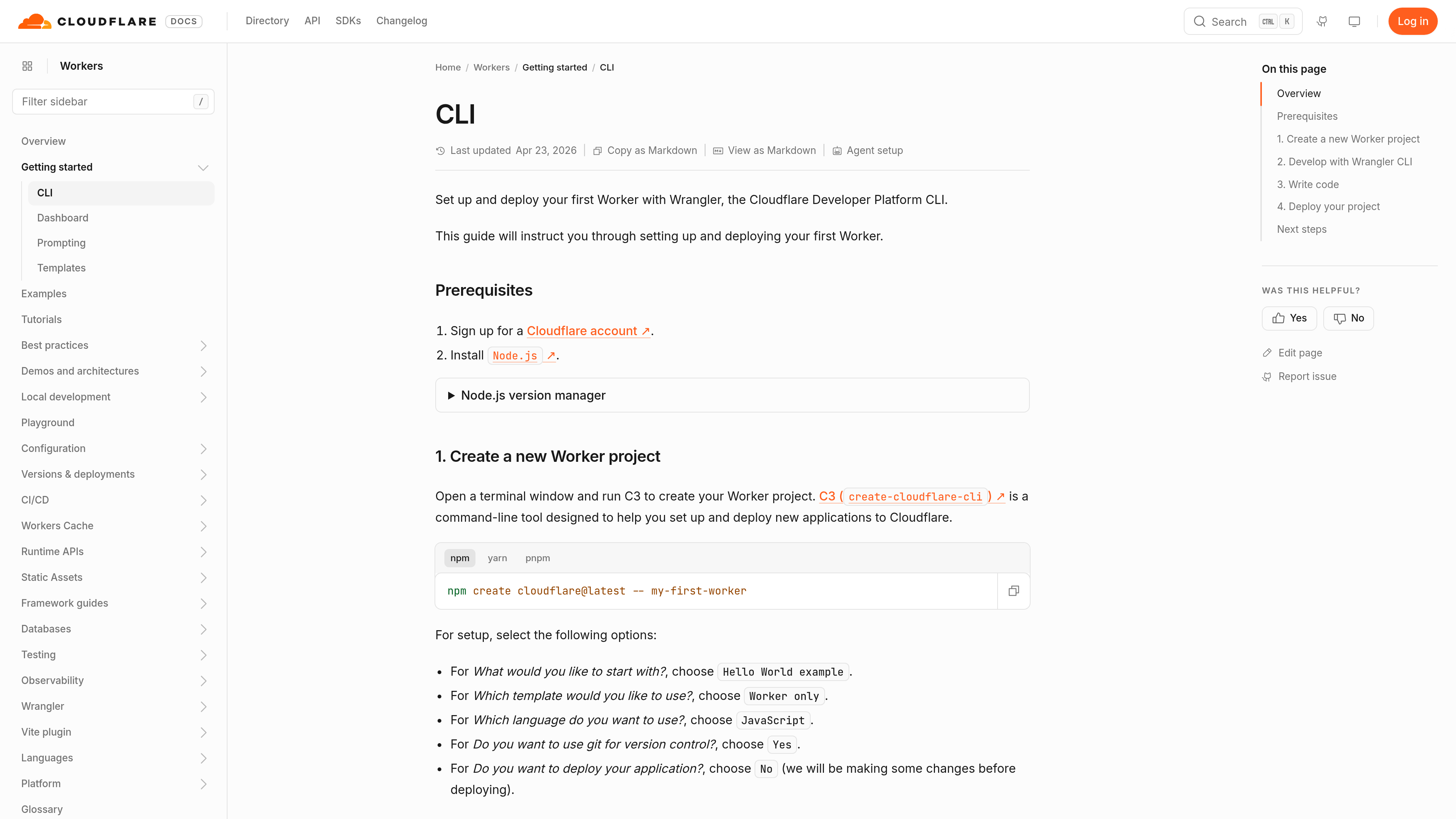 Cloudflare Workers CLI guide showing global navigation, the Workers sidebar, breadcrumbs, the CLI page title, prerequisites, and an on-this-page outline