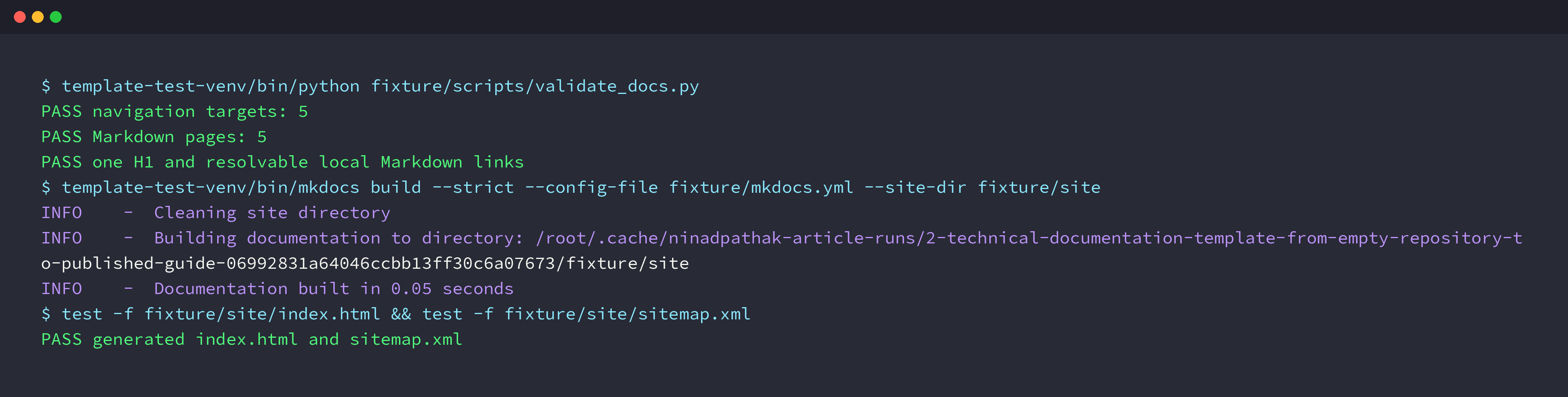 Terminal receipt showing five navigation targets, five Markdown pages, one H1 per page, resolvable local links, a strict MkDocs build, and generated index and sitemap files