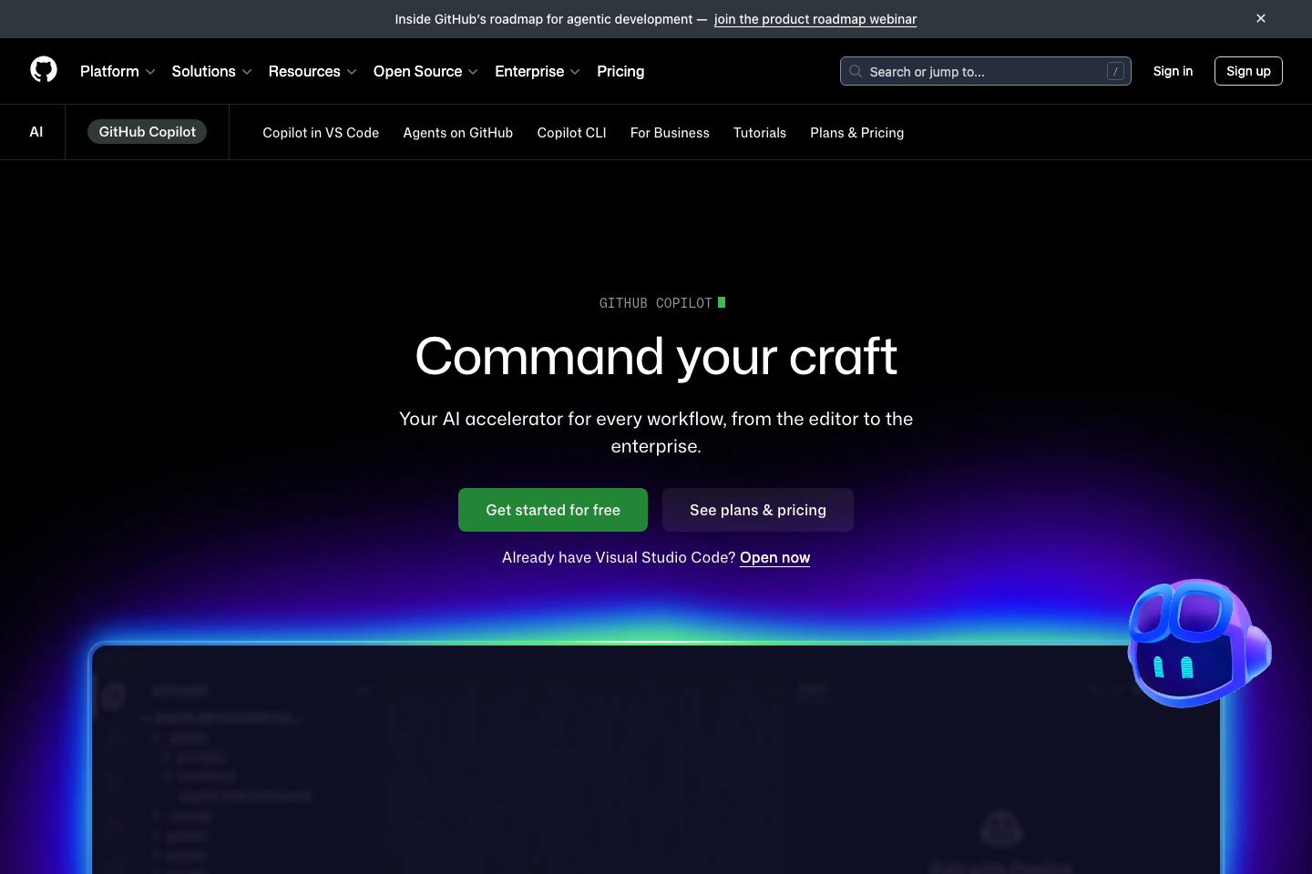 GitHub Copilot feature page showing IDE integration overview